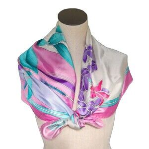 Unknown Brand Womens Ivory Pink Purple Floral Print Square Silk Scarf 34 X 34